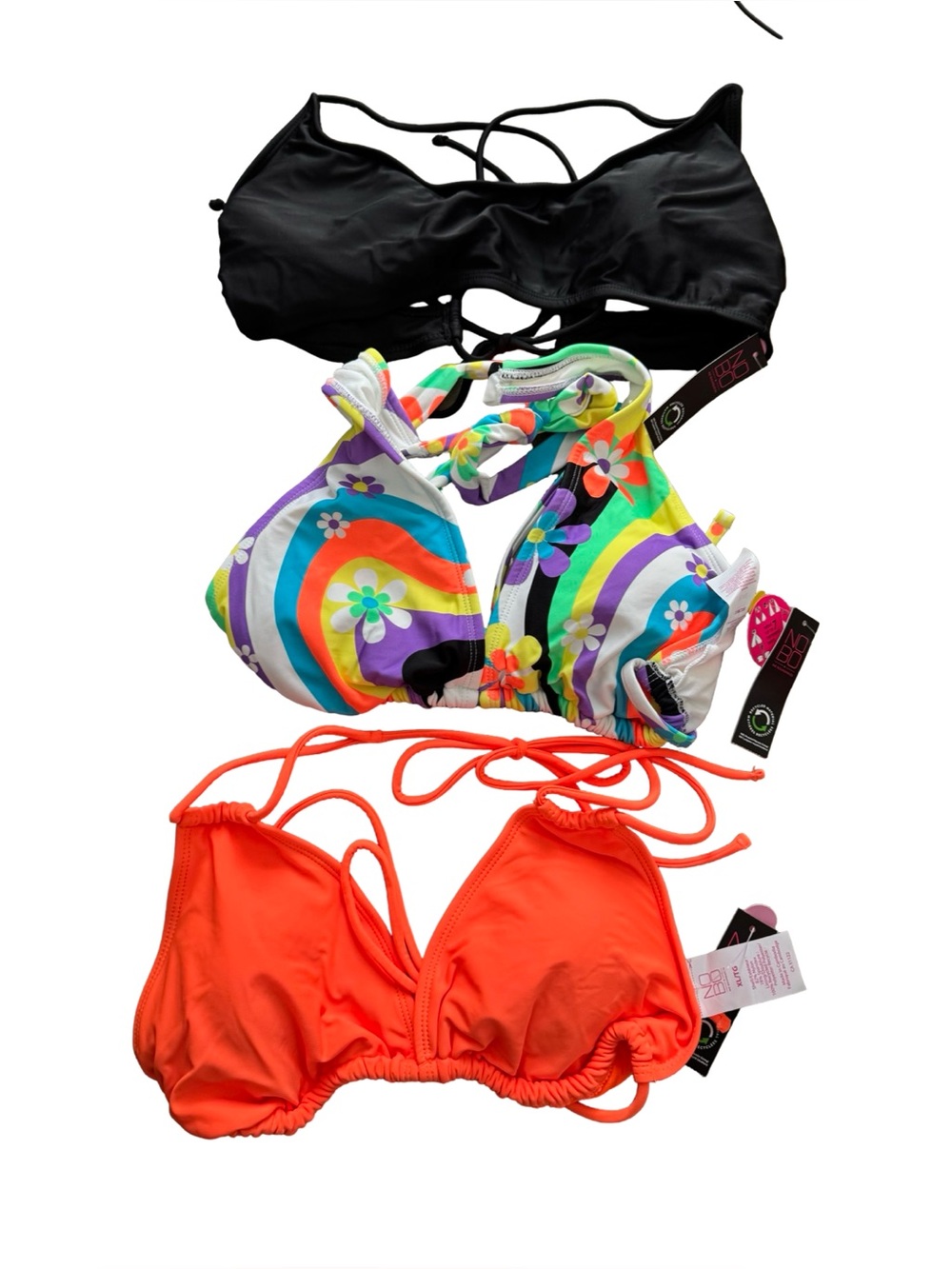 No Boundaries NOBO Bikini Top Lot x3 XL Black Orange Floral NWT Swimwear